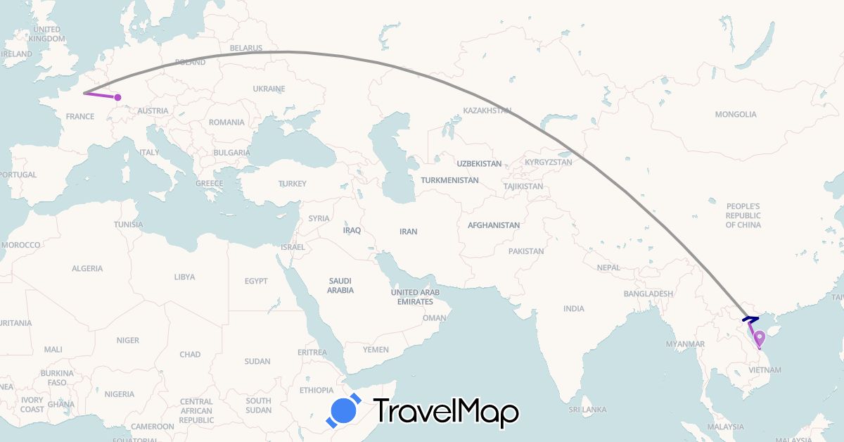TravelMap itinerary: driving, plane, train in France, Vietnam (Asia, Europe)